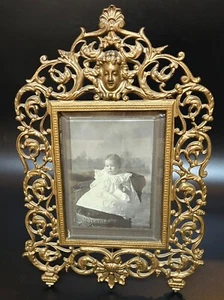 Ornate Antique Victorian Metal Frame Beveled Edge Glass with Photo of Baby - Picture 1 of 7