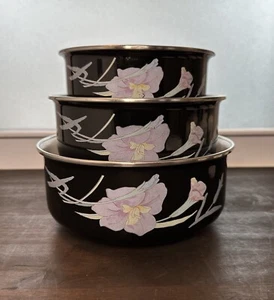 Vintage Mikasa Black Charisma Iris Floral Enamel Metal Nesting Bowls - Picture 1 of 17