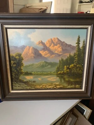 Frank Kecskes Jr. Oil Painting on Board Mountain Landscape With Trees Water 1977 - Image 1 of 4
