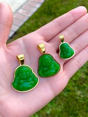 Buda Verde Buena Fortuna Jade Sonriente Riendo Dije Medallón Colgante Oro Foto 1 de 4