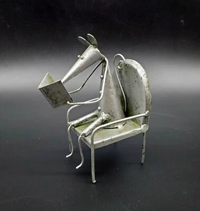 Metal Sculpture Mouse Sitting In Chair Reading Book Library - Picture 1 of 4