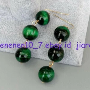 6/8/10/12mm Green Tigers Eye Smooth Round Gems Beads Dangle Gold Hook Earrings - Picture 1 of 16
