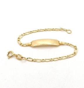 Solid 18k Gold Nameplate Id Bracelet Textured Curb Link Figaro Child Baby New - Picture 1 of 6