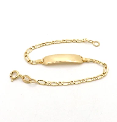 Solid 18k Gold Nameplate Id Bracelet Textured Curb Link Figaro Child Baby New - Image 1 of 4