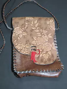 HANDBAG - WOMENS HANDMADE FLORAL EMBOSSED GENUINE LEATHER CROSSBODY SHOULDER BAG - Picture 1 of 5
