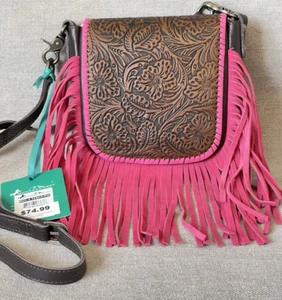 RLC-L159 Montana West Leather Tooled Collection Fringe Crossbody Pink-Coffee - Picture 1 of 6