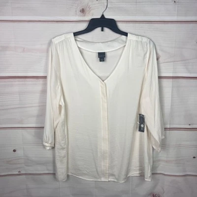 Blusa Covington Top Mujer 2X Marfil Satinado Cuello en V Abotonada Manga 3/4 Sólida Foto 1 de 4