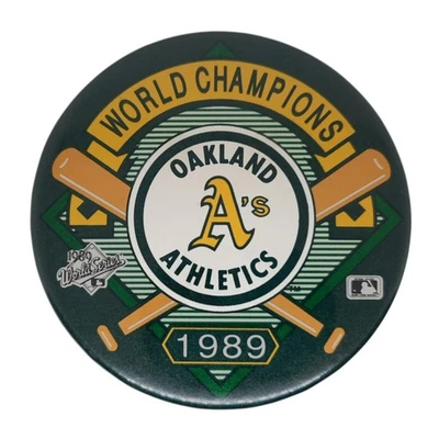 Prendedor de botón Oakland A’s 3,5" década de 1980 MLB Athletics 1989 campeón mundial de béisbol de colección Foto 1 de 3