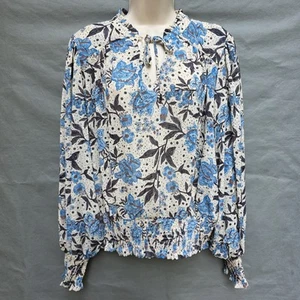 Joie Blue Ivory Smocked Peasant Top Shirt Size L Feminin Romantic Casual Date - Picture 1 of 5