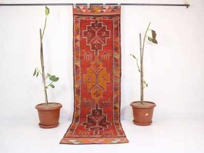 2.4 x 8.3 Feet Red Orange Turkish Runner Rug – Handmade Wool Carpet – Hallway - Image 1 of 4