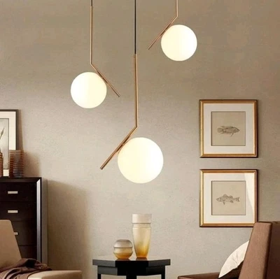 Mid Century Modern Brass Sputnik Chandelier – 3 Globe Glass Pendant Ceiling... - Image 1 of 4