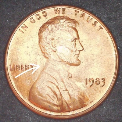 Монета номиналом 1 цент 1983 с изображением Линкольна и 2 трещины - Изображение 1 из 4