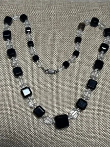 Vintage Chunky 925 Sterling Silver and Black & Clear Lucite Bead Necklace - Picture 1 of 9
