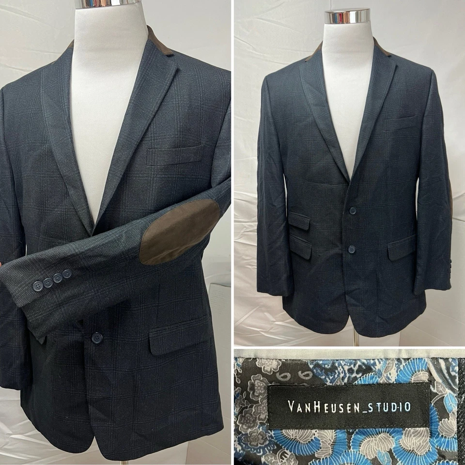 Chaqueta Blazer Abrigo Deportivo Van Heusen Para Hombre 42L Negro Cuadros Marrón Parche en el Codo Foto 1 de 4