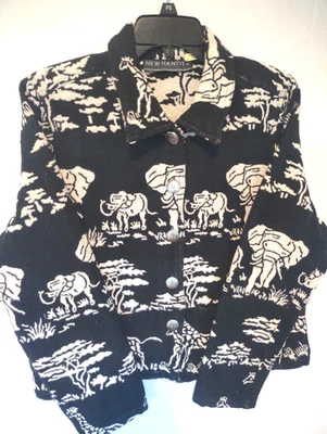 Vintage New Identity Safari Jacket L Black Ivory Animal Print Elephants Giraffes - Image 1 of 4