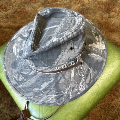 Gorra de vaquero camuflada de roble musgo cabeza roja de colección rara correa de cuero de caza bonita Foto 1 de 4