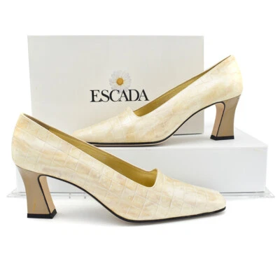 Escada Gold/Beige Croc Embossed Leather Heel sz 9.5 - Image 1 of 4