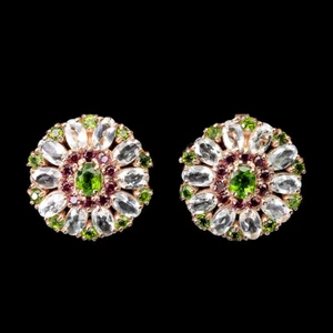 925 Sterling Silver Earrings Oval Chrome Diopside Aquamarine Rhodolite Gemstone - Picture 1 of 9