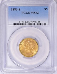 1886-S LIBERTY HEAD $5 HALF EAGLE GOLD PCGS MS63 - Picture 1 of 3