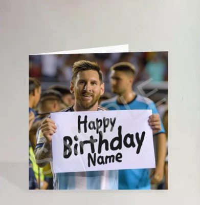 HIGHFIELD CARDS Personalised Messi Holding A Sign Parody/Football Birthday Card