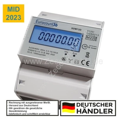 SDM72D Eurocount Drehstromzähler DIN Hutschiene 100A 4TE breit MID geeicht 2023 M23 neu