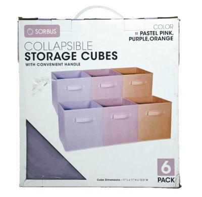 Sorbus 11in. Cub Storage Organizer Bins-6 Pack/Pastel Orange, Pink & Purple-New - Image 1 of 4