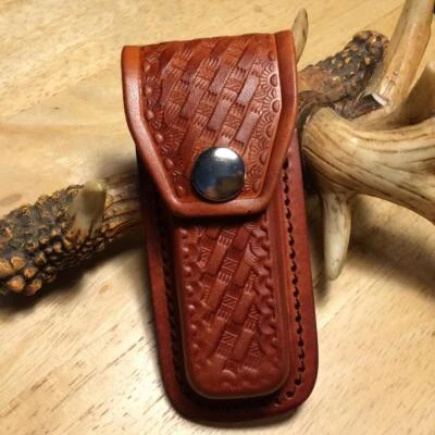 Brown Embossed Basketweave Design Leather Sheath Fits 3 1/2 " to 4" Knife SH1131 - Image 1 of 4