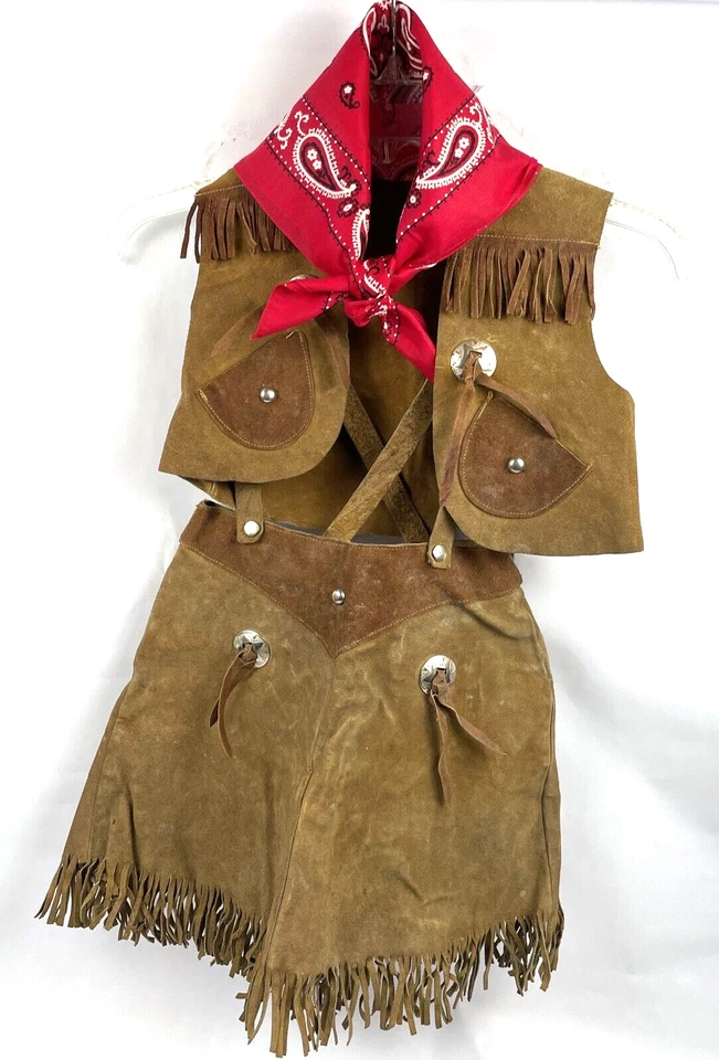 Vintage Girls Western Vest Skirt Outfit Suede Silver Concho Bandana Dress Up  - Image 1 of 4