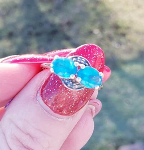 10K Yellow Gold Neon Apatite & BLUE Diamond Ring, Size 8/ Anillo de Oro - Picture 1 of 9