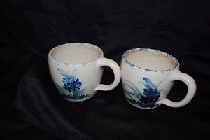 2 hand crafted thick-walled beautiful pottery coffee cups with blue iris images - Picture 1 of 5