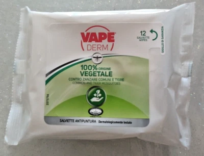 12 pezzi Vape Derm 12 Salviette Antipuntura Repellente 100% Vegetale - Immagine 1 di 2
