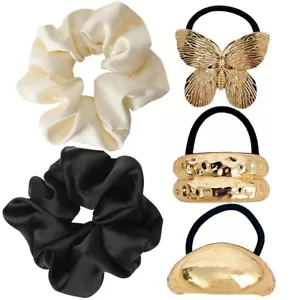 5Pcs Metal Ponytails Cuffs Satin Scrunchies Gold Hair Cuffs Gold Hair Ties Go... - Picture 1 of 6