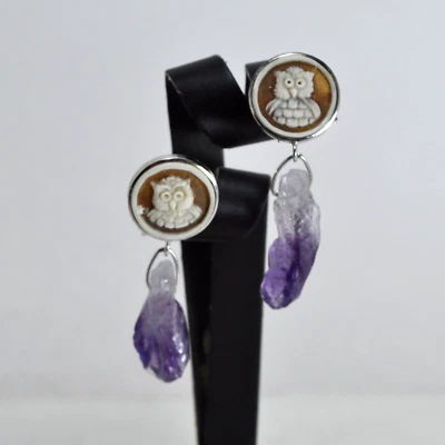 ORECCHINI IN ARGENTO 925  CAMMEI  E GEODI DI AMETISTA NATURALE         AGHT 0931 - Immagine 1 di 3