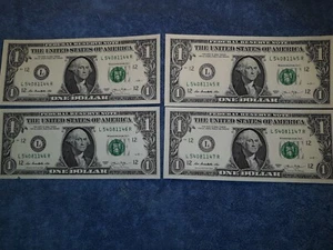 4 Consecutively Numbered 2013 Crisp New One Dollar Bills. - Picture 1 of 3