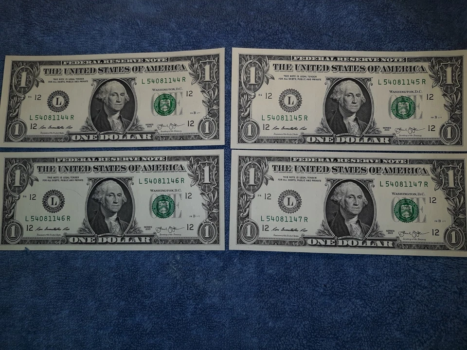 4 Consecutively Numbered 2013 Crisp New One Dollar Bills. - Image 1 of 3