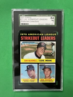1971 Topps “1970 A.L. Strikeout Leaders” Sam McDowell,Mickey Lolich,Bob Johnson - Image 1 of 2