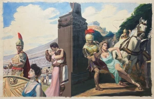 Vintage PULP FICTION Gladiatorin Frau FANTASY Liebesgeschichte ILLUSTRATION Gemälde - Bild 1 von 12