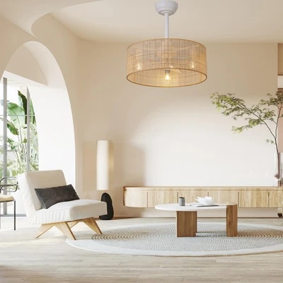 20 inch Boho Ceiling Fan with light Flush Mount Rattan Caged Ceiling Fan with... - Image 1 of 4