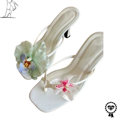 Women White Silk Flower Sandals Shoes Square Toe Low Thin High Heels Slippers - Image 1 of 4