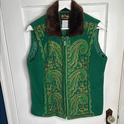 Bob Mackie 复古绿色抓绒刺绣背心带毛皮领 W1243 尺寸 M — 第 1/4 张图片