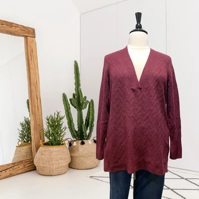 Suéter túnica elástica mezcla borgoña Chicos para mujer 2 = L espiga cuello en V Foto 1 de 4