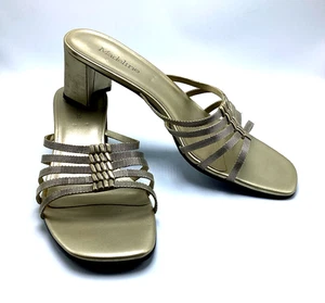Sandalia Madeline BECKA Mujer EE. UU. 8,5 Metal Dorado con Tirantes Tacón Bloque Punta Abierta - Imagen 1 de 11