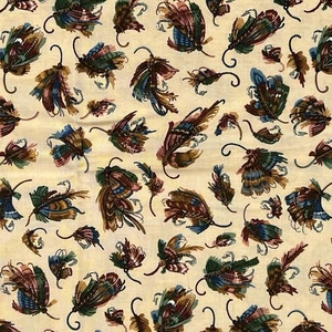 20” VIP Print Cranston Joan Messmore Fly Fishing Lures Tan Cotton Calico Fabric - Picture 1 of 6