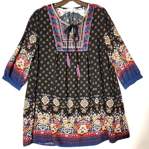 Umgee USA Damen Tunika Top Gr. L Tasseled Tie Neck Schwarz Mehrfarbig Boho Bauer - Bild 1 von 13