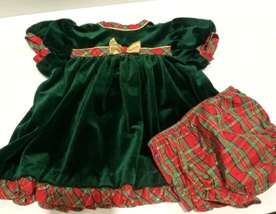 Vestido de Navidad de terciopelo verde floreciente a cuadros rojo de colección La Princess bebé niña 6-9 meses Foto 1 de 4