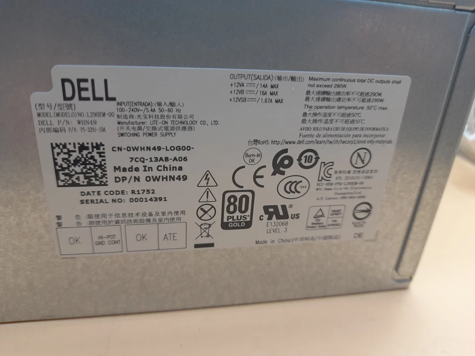 Dell 290w Power Supply L290EM-00 WHN49 OptiPlex 3020 7020 9020 Precision T1700 - Image 1 of 4