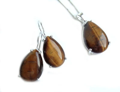 Tigerauge  Anhänger Ohrhänger wahlweise solo oder mit Kette 925er Silber Baotr8 - Bild 1 von 4