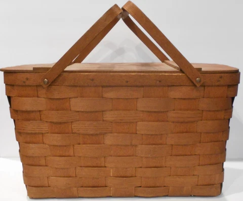 Vtg 21" Basketville Putney Vermont Woven Wood Picnic Basket Country Farmhouse Cover