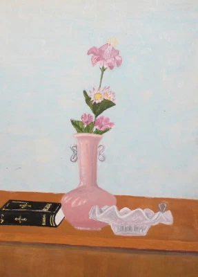 Pintura gouache vintage bodegón con flor, jarrón, cuenco y biblia  Foto 1 de 4