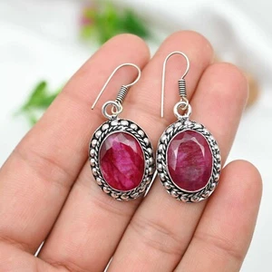 Kashmiri Red Ruby Lab-Created Hook Earrings Handmade 925 Sterling Silver Jewelry - Picture 1 of 6